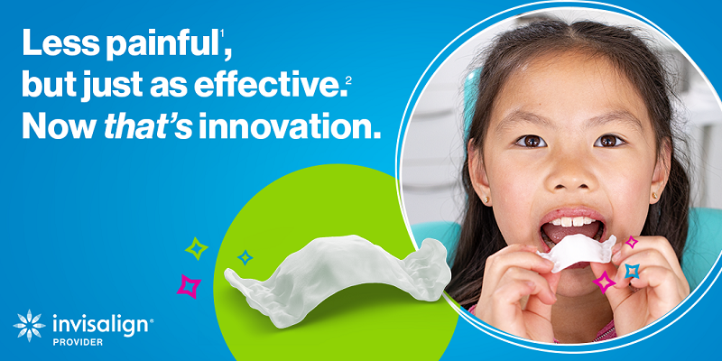Image with a girl holding Invisalign First aligners that says,